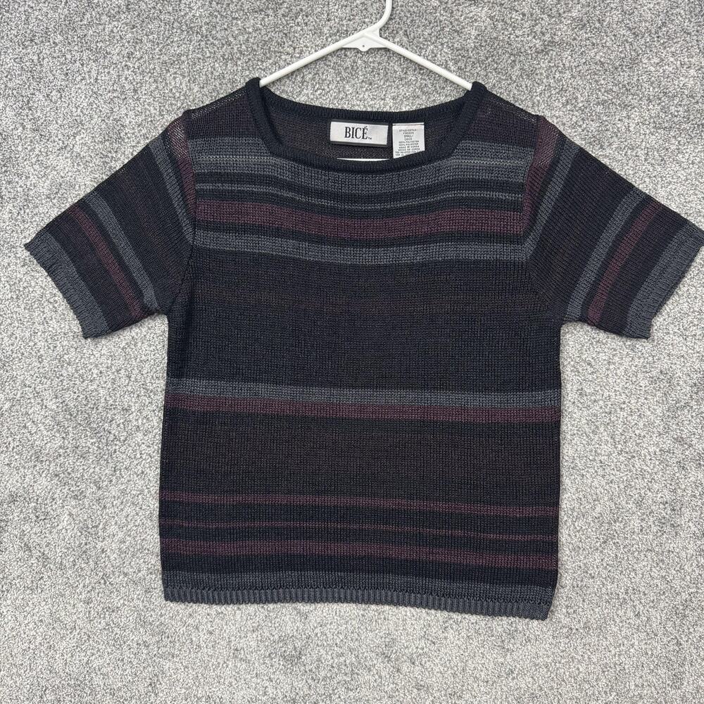 Vintage 90s BICÉ Sweater Small Black Maroon Striped Short Sleeve Knit Indie